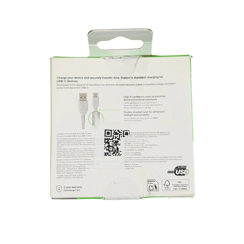 Cc9O-P Belkin BoostCharge‎ Braided USB-C to USB-A Cable 3.3ft - White, Poly